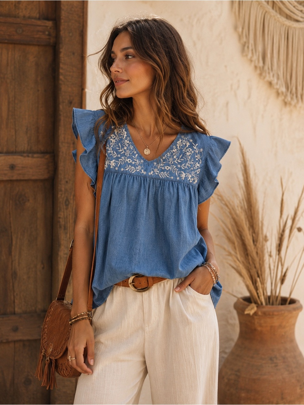 Blue Embroidered V-Neck Ruffle Sleeve Camisole